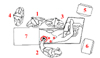 La disposizione degli operatori e dello strumentario: 1-2-3 chirurghi, 4 strumentista, 5-6 monitor, 7 mensola strumenti chirurgici